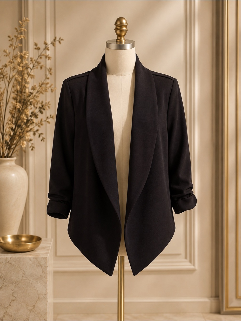 Women's Black Draped Open-Front Blazer Jacket